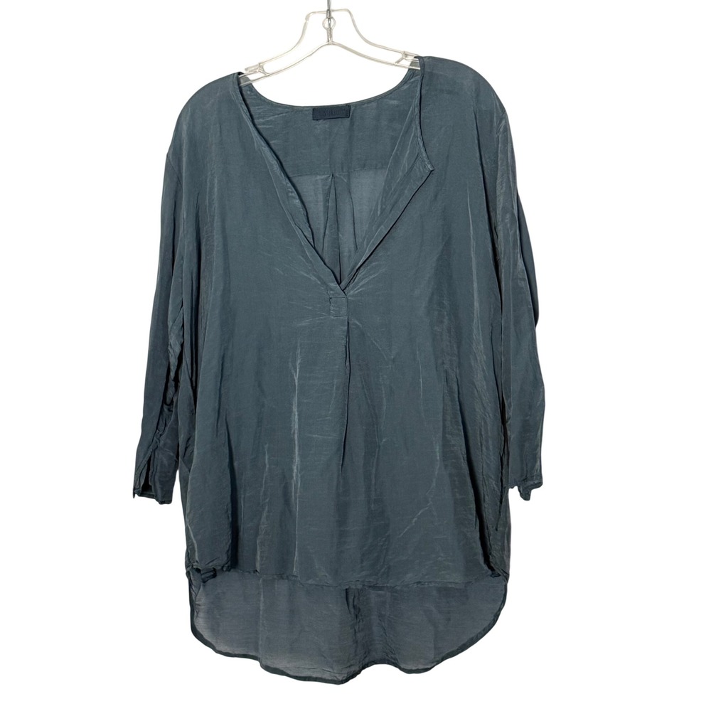 CP Shades Silk Cotton Tunic Blouse Blue V-Neck 3/4 Sleeves Lagenlook - Large